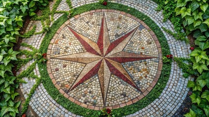 Obraz premium A circular stone mosaic design featuring a star-shaped pattern with red accents surrounded by verdant foliage