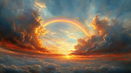 Fototapeta premium Fiery sunset cloudscape, rainbow arch.