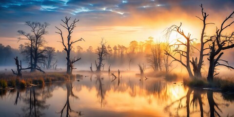 Fototapeta premium Serene sunrise over misty water with silhouetted dead trees reflecting in the calm water