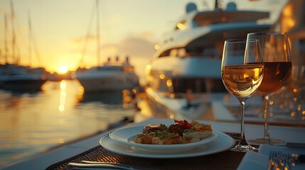 Luxury dining setup on a yacht deck with wine glasses and gourmet food, illuminated by sunset golden hour lighting. The blurred marina background and bokeh effect create a restaurant atmosphere.