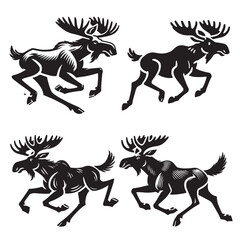 "Dynamic Silhouettes of Running Moose Capturing Majestic Features in Black and White"