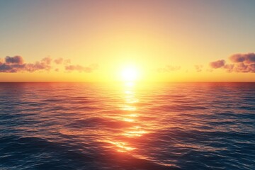 Fototapeta premium Ocean sunset over the horizon casts a warm golden glow across the calm rippling water surface providing an ideal atmospheric background for digital marketing projects and creative design.