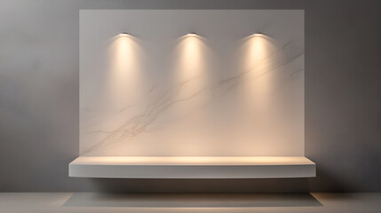 White podium on grey background, Exhibition pedestal and light from lamps on wall, exhibition scene template with transparent lights and shadows