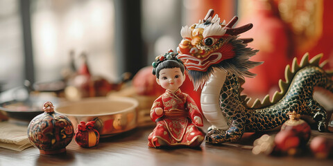 Fototapeta premium a small child doll sits next to a dragon doll surrounded by Chinese New Year ornaments on a table. lots of empty space for text. light background blur