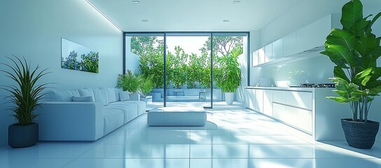 Fototapeta premium Modern bright open-plan living room with white furniture, large window showing lush greenery.