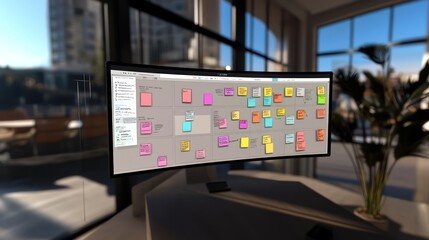 A digital brainstorming space with sticky notes, project boards, and team collaboration devices.