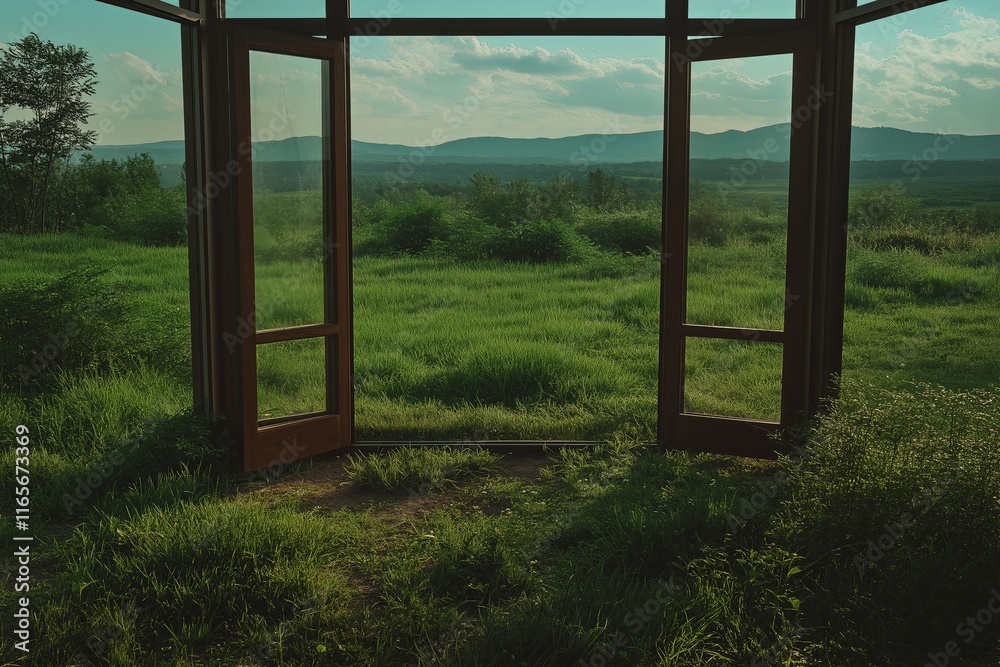 Poster a house with doors and windows leading to open skies instead of rooms.