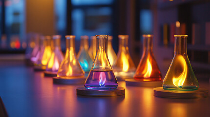 A series of Bunsen burners with different flame shapes and colors used in a creative science fair project.