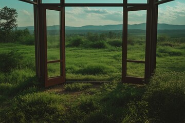 Fototapeta premium A house with doors and windows leading to open skies instead of rooms.