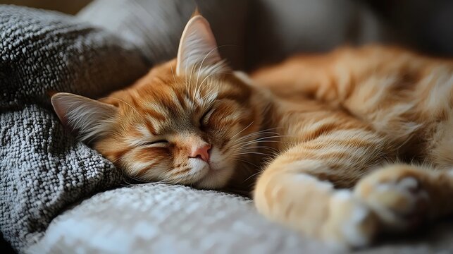 A cat is sleeping on a couch