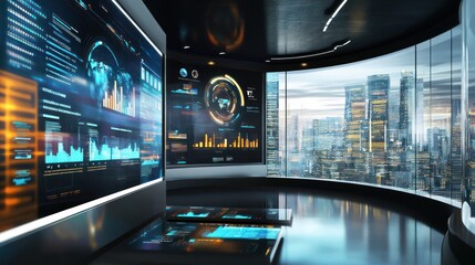 A digital business presentation room with interactive elements, diverse project visuals, and professional design.