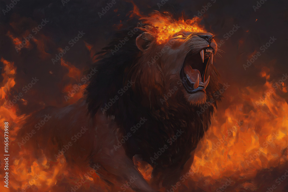 Poster a lion with a mane made of fire, roaring silently in the middle of a frozen tundra