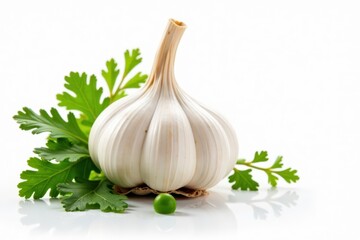 Whole garlic bulb & assorted herbs on white backdrop , thyme, kitchen, still life