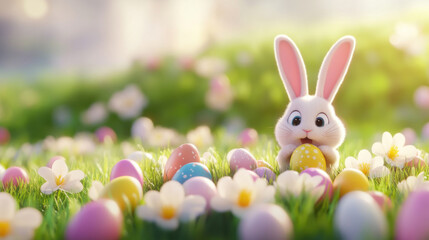 Obraz premium Bunny and easter egg concept. cute bunny surrounded by colorful Easter eggs and flowers in sunny meadow