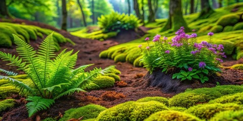 Sunlight filters through the canopy of a verdant forest, illuminating vibrant green ferns and delicate purple blossoms nestled amongst moss-covered earth.