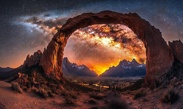 Stunning landscape featuring a natural arch under a starry sky at sunset.