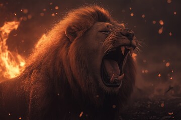 Naklejka premium A lion with a mane made of fire, roaring silently in the middle of a frozen tundra