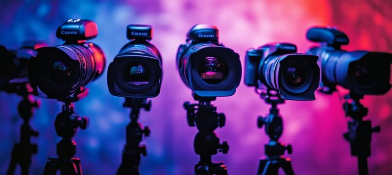 Vibrant media and broadcasting visuals  dynamic cameras and microphones against a playful backdrop