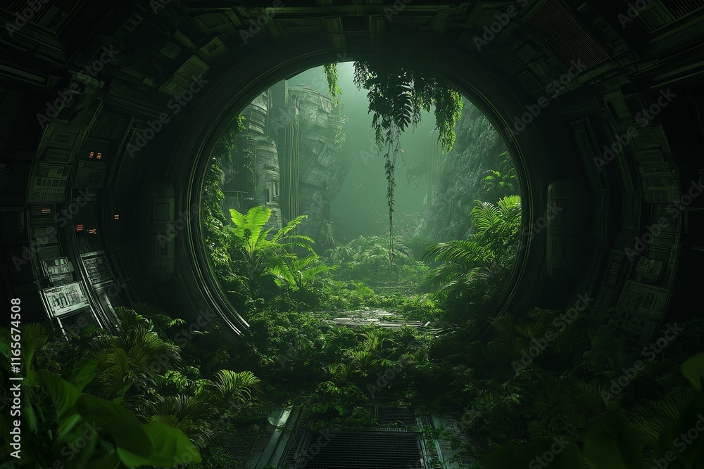 Poster A lush jungle growing inside an abandoned spaceship floating in outer space.
