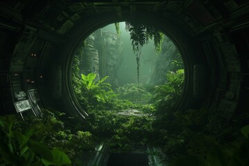 A lush jungle growing inside an abandoned spaceship floating in outer space.