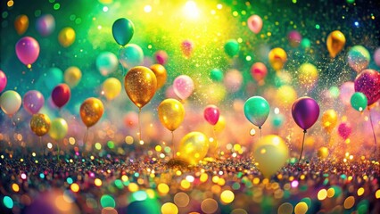 A celebration of joy and festivity with colorful balloons floating in a shimmering wonderland of sparkling lights and confetti.