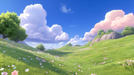 game, serene virtual landscape featuring lush green hills, colorful flowers, and fluffy clouds under bright blue sky. This picturesque scene evokes sense of tranquility and beauty