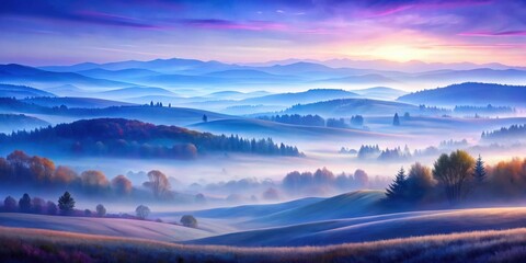 A Serene Landscape of Rolling Hills Bathed in Soft Morning Mist, Where Blue Hues of the Sky Blend Seamlessly with the Misty Landscape