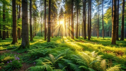 Sunlight Streams Through a Dense Forest, Illuminating the Green Undergrowth and Casting Long Shadows on the Forest Floor