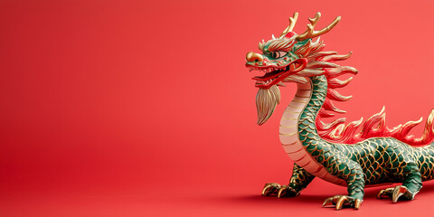 Fototapeta premium cute dragon with minimalist design and blank red background with chinese new year ornaments. lot of empty space for copy space, chinese new year celebration