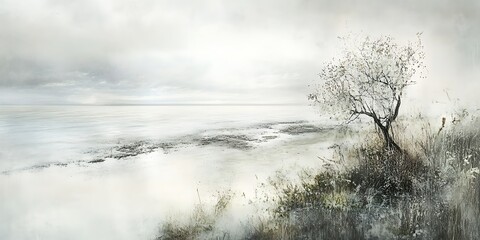 Serene coastal landscape with a solitary tree under a cloudy sky, tranquil waters and muted colors.