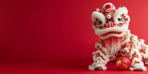 cute lion dance with minimalist design and blank red background. lot of empty space for copy space, chinese new year celebration