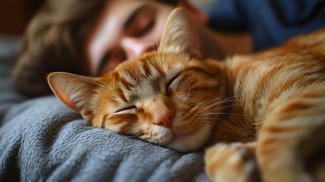 A man is sleeping with a cat on his lap