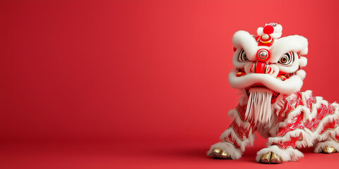 Obraz premium cute lion dance with minimalist design and blank red background. lot of empty space for copy space, chinese new year celebration