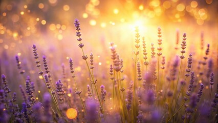A field of lavender flowers basking in the warm glow of the setting sun, creating a serene and enchanting atmosphere.