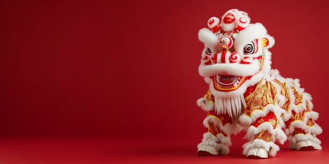 cute lion dance with minimalist design and blank red background. lot of empty space for copy space, chinese new year celebration