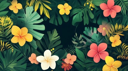 Lush Tropical Floral Frame, Dark Green Leaves, Vibrant Blooms, Copy Space