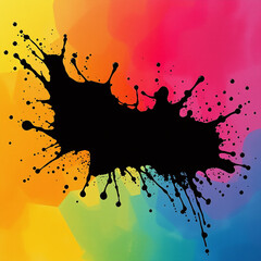 A black ink or paint splatter with irregular edges and small droplets scattered around it, isolated on a colorful background.