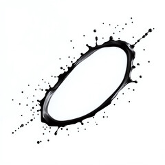 A black ink or paint splatter with irregular edges and small droplets scattered around it, isolated on a white background.