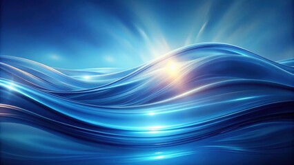 Abstract blue waves with a glowing light source in the background, reminiscent of a sunrise or a distant star, creates a sense of depth and movement.