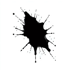A black ink or paint splatter with irregular edges and small droplets scattered around it, isolated on a white background.