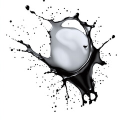 A black ink or paint splatter with irregular edges and small droplets scattered around it, isolated on a white background.