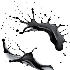 A black ink or paint splatter with irregular edges and small droplets scattered around it, isolated on a white background.