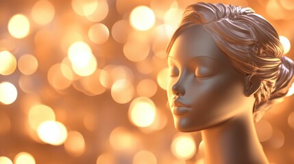 Serene Woman, Golden Bokeh Background, 3D Render