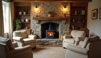Cozy living room with stone fireplace, comfortable armchairs, and built-in bookshelves.