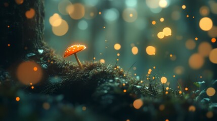 Enchanting Forest Mushroom, Glowing Night, Magical Fantasy