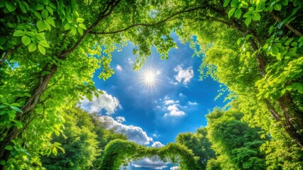 A sun-drenched sky peeks through a vibrant canopy of lush green leaves, creating a captivating natural frame for a sunny summer day.