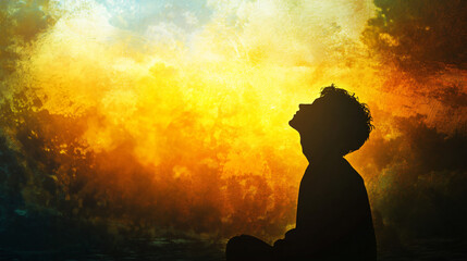 A silhouette of a person gazing upwards in a dimly lit room, capturing feelings of hope and searching for meaning.