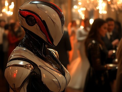 Futuristic female robot at elegant party.