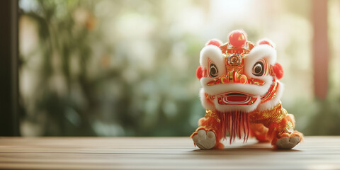 Naklejka premium cute lion dance on the table and minimalist design on blur background. lot of empty space for copy space, chinese new year celebration
