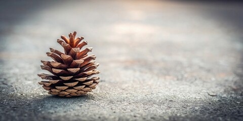 A solitary brown pine cone resting on a textured surface, bathed in soft, warm light.